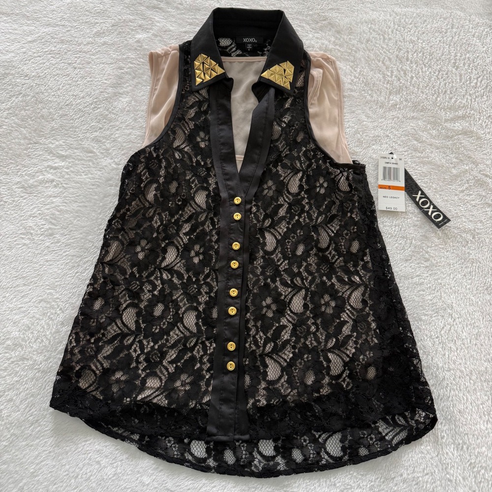 XOXO Womens Black Lace Collared Sleeveless Button Up Top Size S‎ Neo Legacy Cami